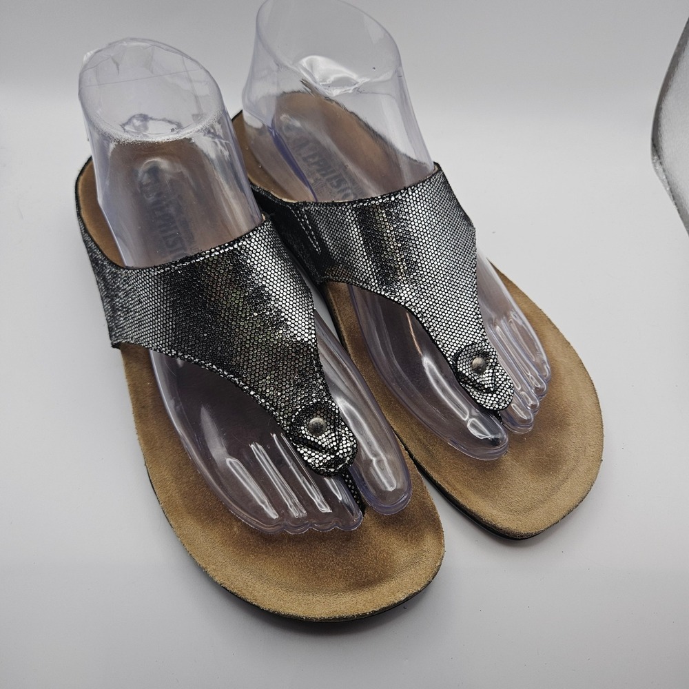 Mephisto Women Silver Agacia Metallic Shimmer Thong Sandals Comfort Travel Sz 40
